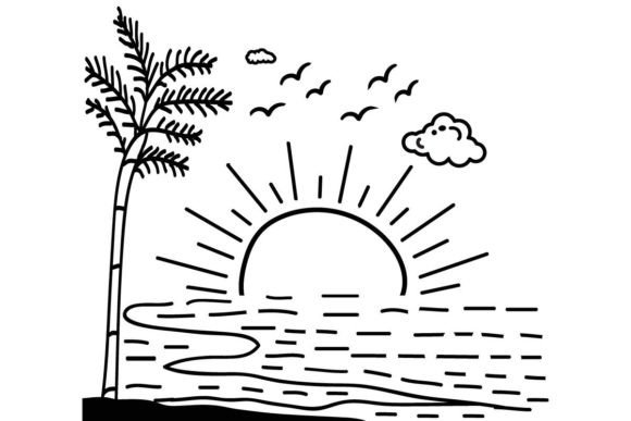 Line Art Summer Sunset Tropical Beach Graphics